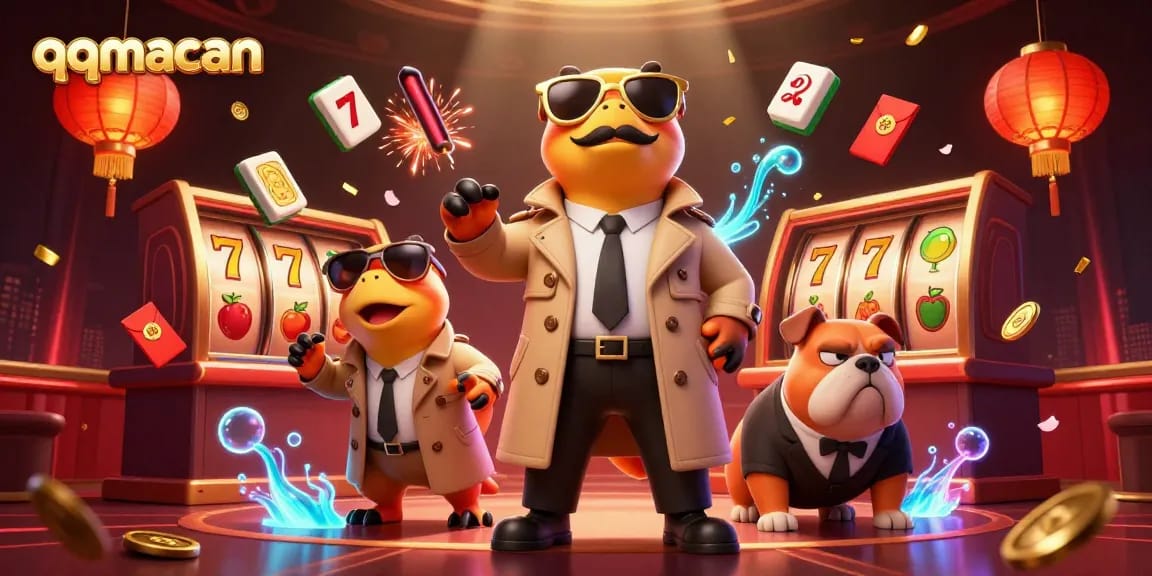 Permainan slot di QQMacan dengan tiga raptor dalam jas dan pengawal bulldog, menangkap momen keseruan kasino.
