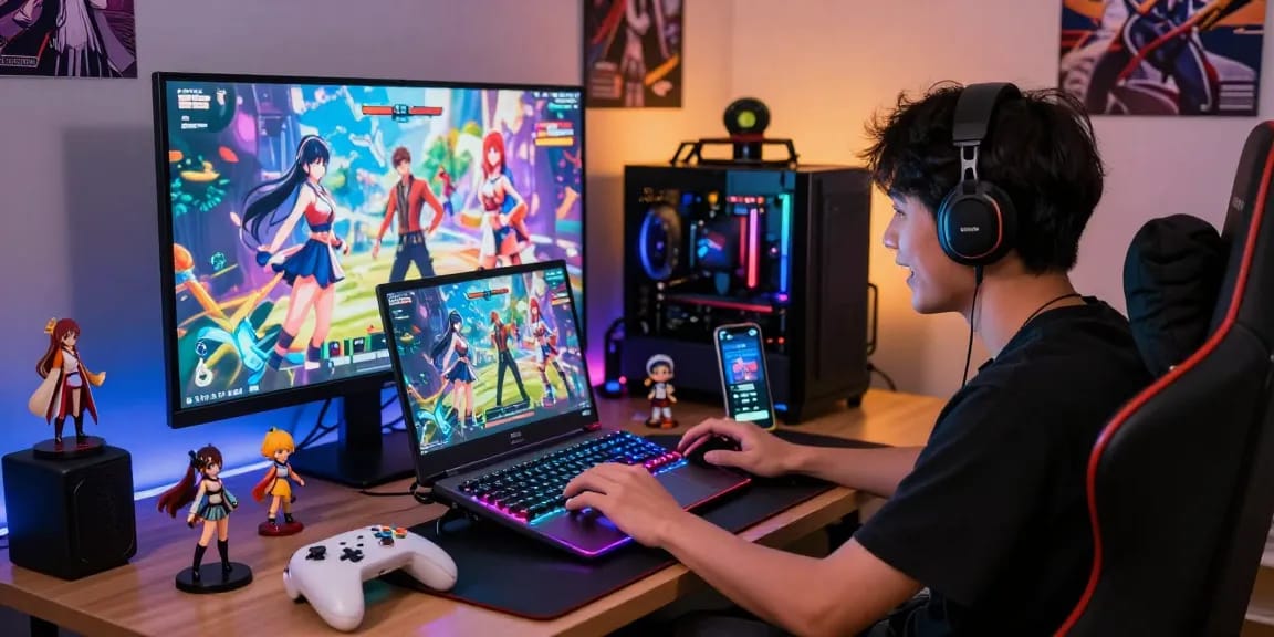 Exciting gameplay scene of hentai games with vibrant graphics, gaming accessories, and an immersive atmosphere.