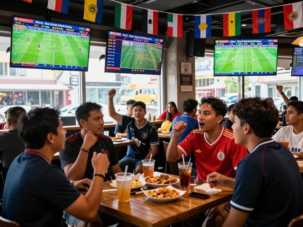 Exciting view of fans engaged in kèo bóng đá nhà cái betting during a lively football match in an urban sports bar.