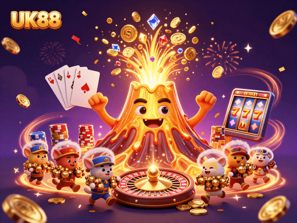 Experience the thrill of UK88 with a dynamic 3D casino scene bursting with treasure and excitement.