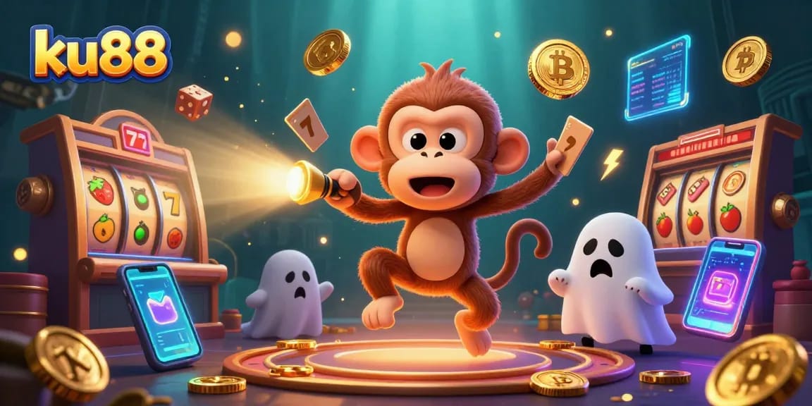 Join the fun at ku88 with a playful ghost and puppy uncovering hidden treasures in a vibrant casino scene.