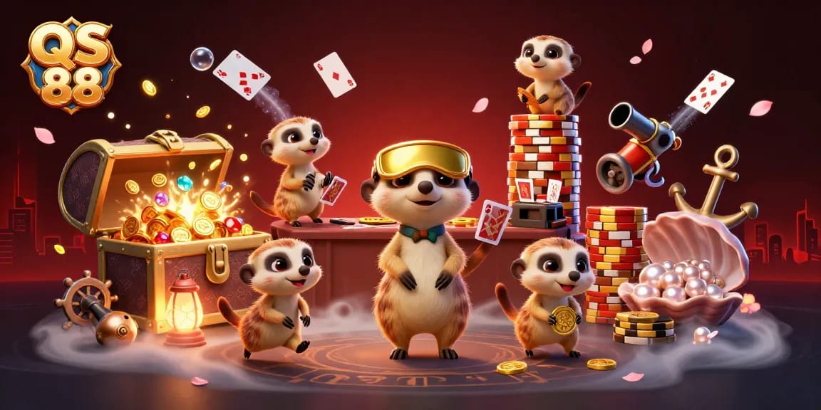 Experience the vibrant energy of QS 88 in a lively casino scene with meerkats and dynamic gambling elements.