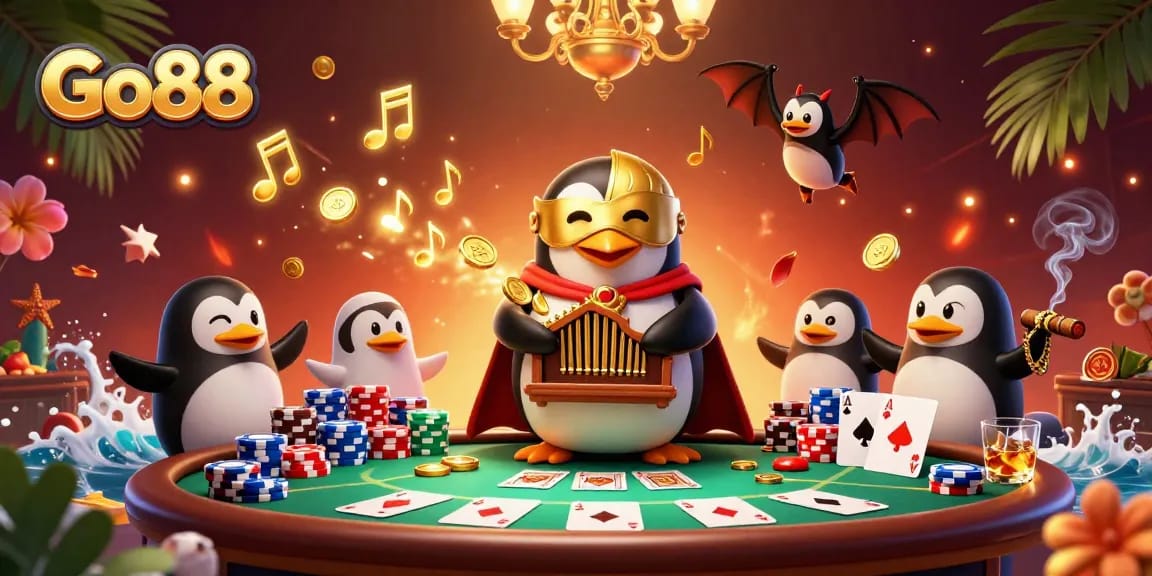 Win big with Go88 in this vibrant 3D casino scene featuring a penguin organist and poker elements.