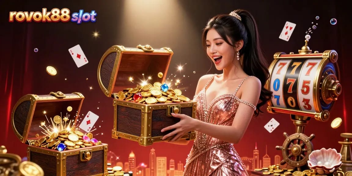 Experience the excitement of rokok88 slot with a stunning treasure chest full of coins and gems.