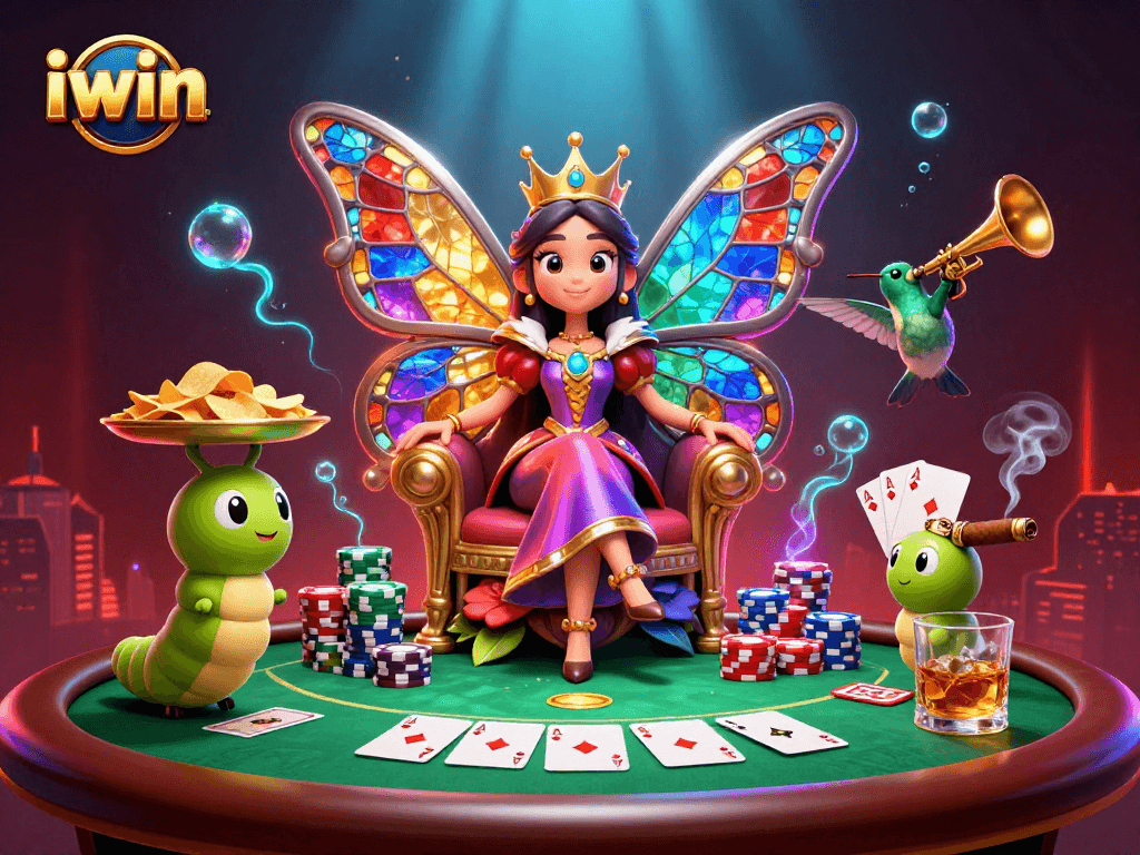 iwin showcases a vibrant casino scene with a butterfly queen amidst poker chips and glowing elements.