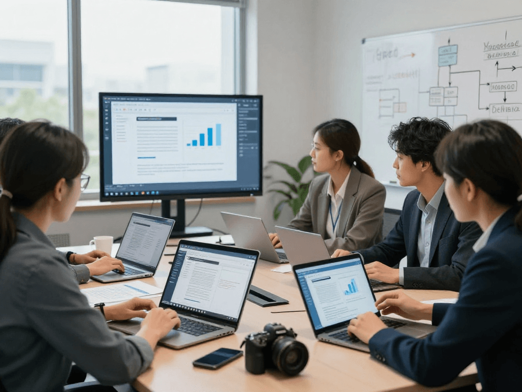 Team collaborating on document fraud detection tools in a modern office, showcasing analytics and visuals.