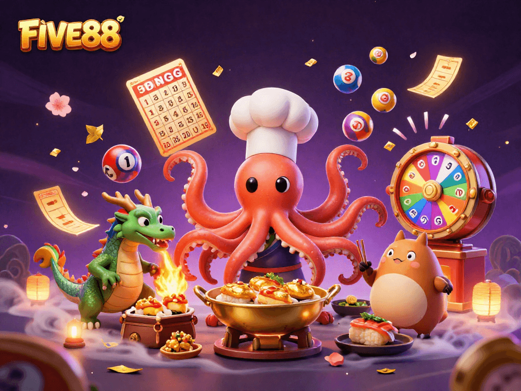 Experience the exciting world of FIVE88 filled with colorful lottery elements and dynamic characters.
