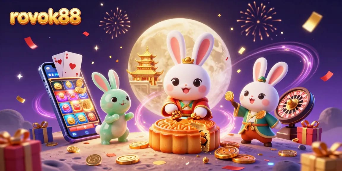 Experience the excitement of rokok88 with a vibrant moon-themed casino illustration featuring slot games.
