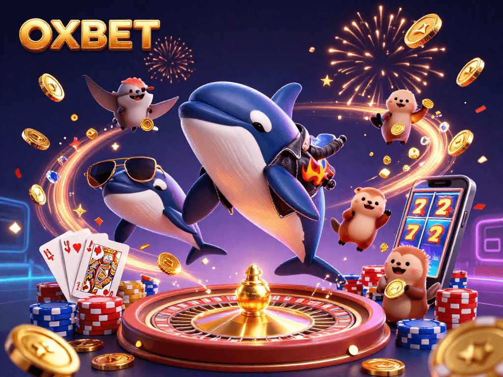 Experience shared excitement with OXBET's animated characters at a vibrant casino scene.