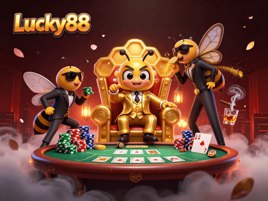 Experience the excitement of Lucky88 poker with vibrant characters in a 3D casino atmosphere.
