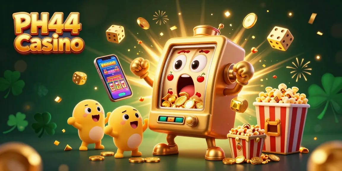 Experience the excitement of PH44 Casino as a golden slot machine hits the jackpot, surrounded by cheering baby slots and festive elements.