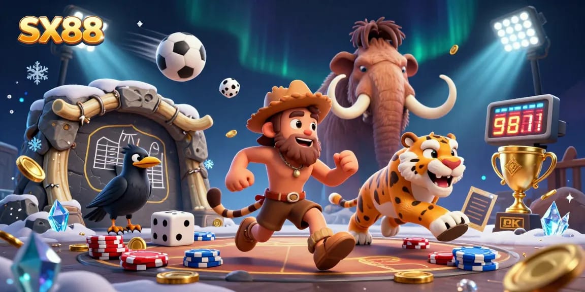 SX88 enhances your gaming experience with a dynamic prehistoric casino scene featuring a caveman and tiger duo.
