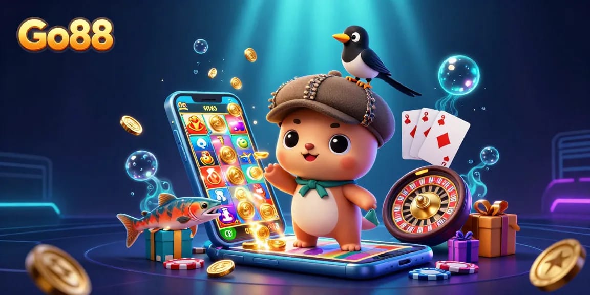 Engage with Go88’s thrilling casino adventures through a vibrant cartoon scene showcasing dynamic games and enchanting characters.