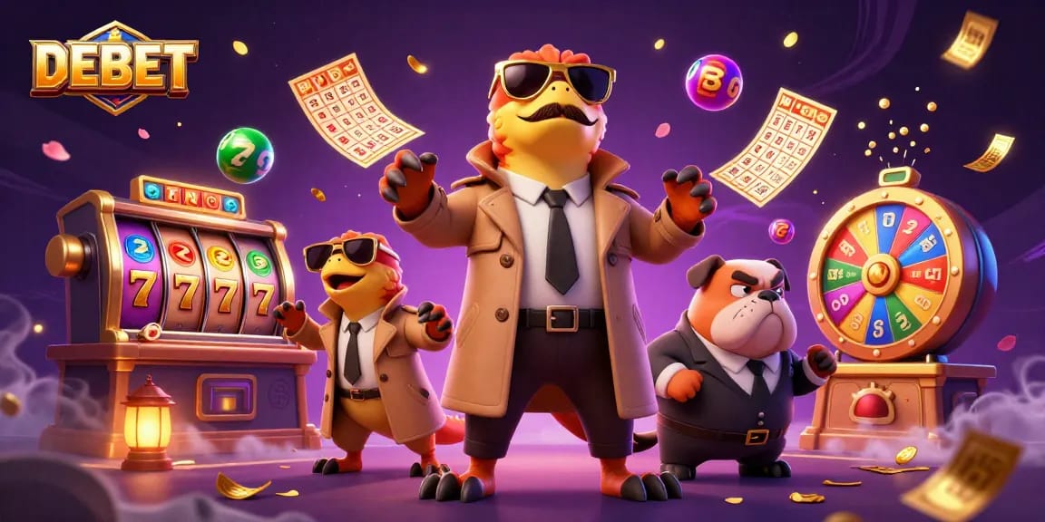 Experience the thrills of DEBET casino with animated raptors entering a VIP lounge filled with games.