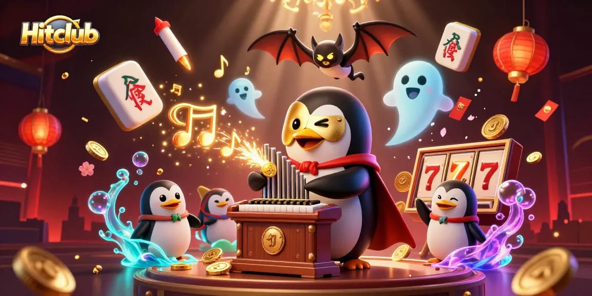 Hitclub showcases a cartoon penguin playing organ, surrounded by casino elements and vibrant decor.