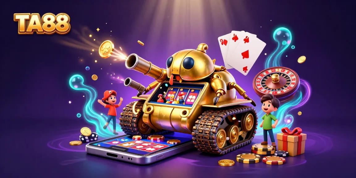 TA88 casino tank unleashing confetti and coins amidst gaming excitement with vibrant elements.