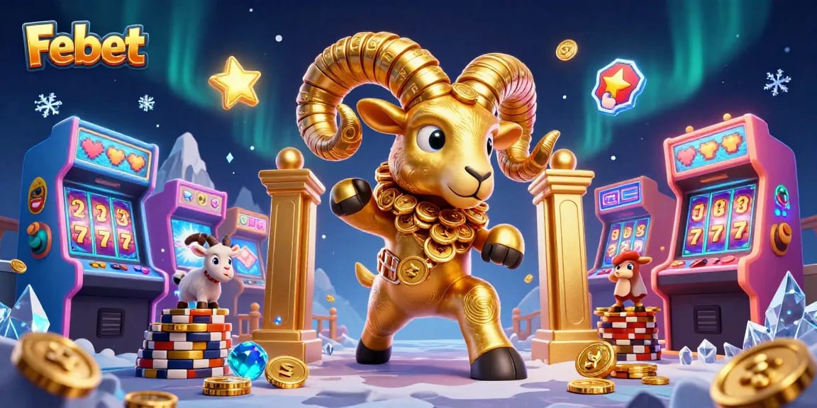 Win big with Febet's dynamic casino scene featuring colorful arcade elements and golden rewards.
