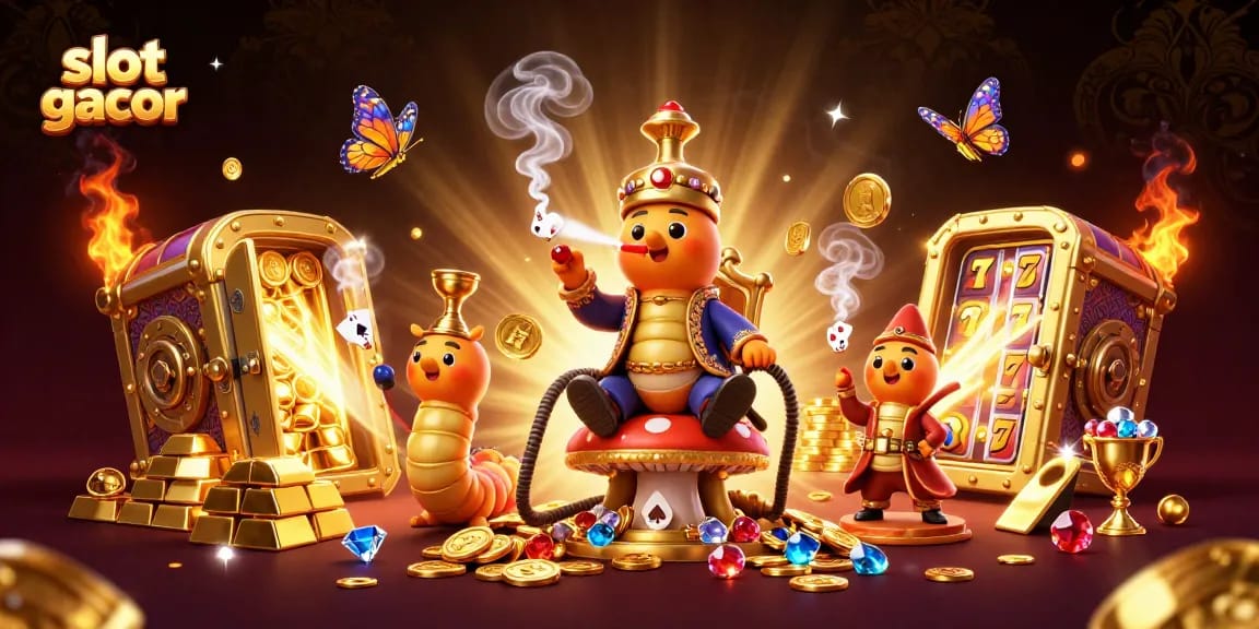 Putaran penuh kesenangan slot gacor, menunjukkan simbol jackpot yang memukau dan karakter 3D yang ramah.