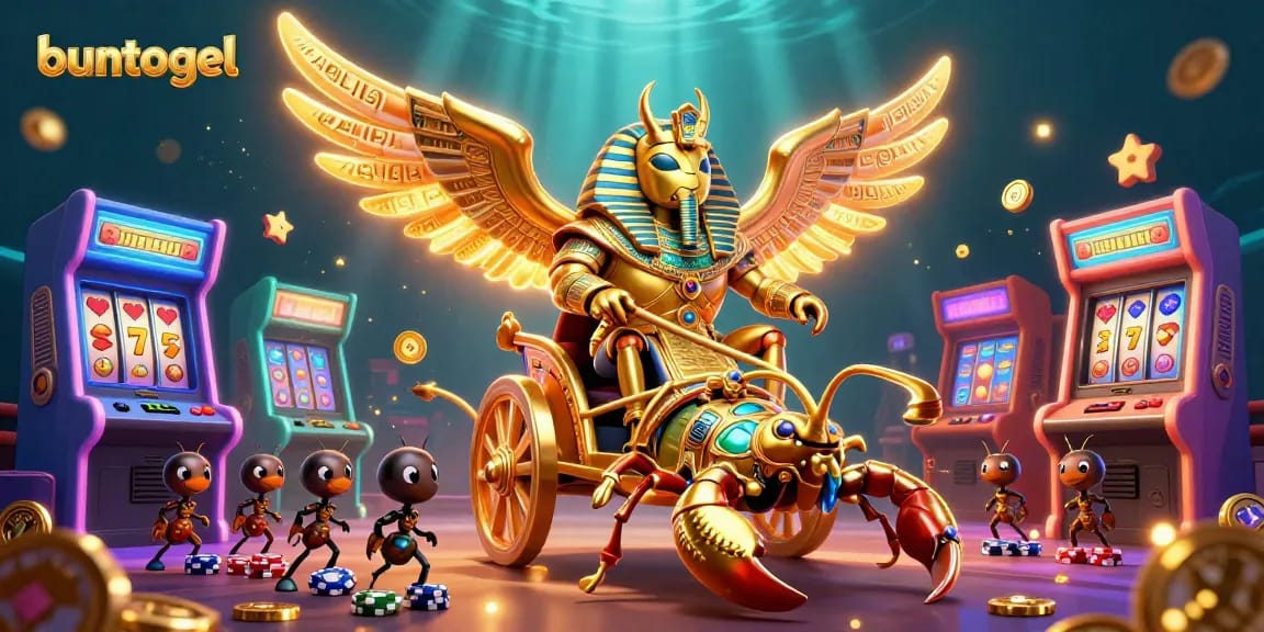 Experience thrilling gameplay with buntogel featuring a colossal golden beetle in a vibrant casino scene.