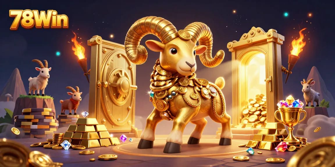 Win big at 78Win with a dynamic 3D casino illustration of a golden ram charging through lavish treasures.