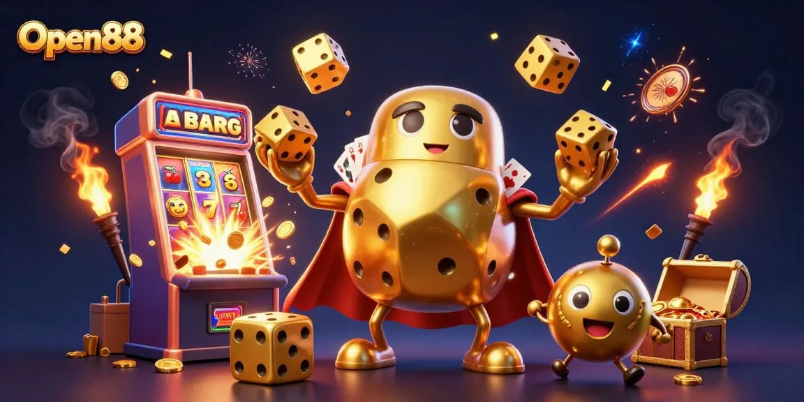 Experience thrilling gameplay with Open88's vibrant casino scene featuring golden dice and slot machines.