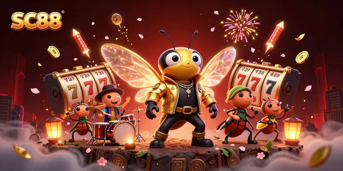 Experience slot games excitement with SC88 featuring a buzzing cicada rock star and vibrant casino elements.