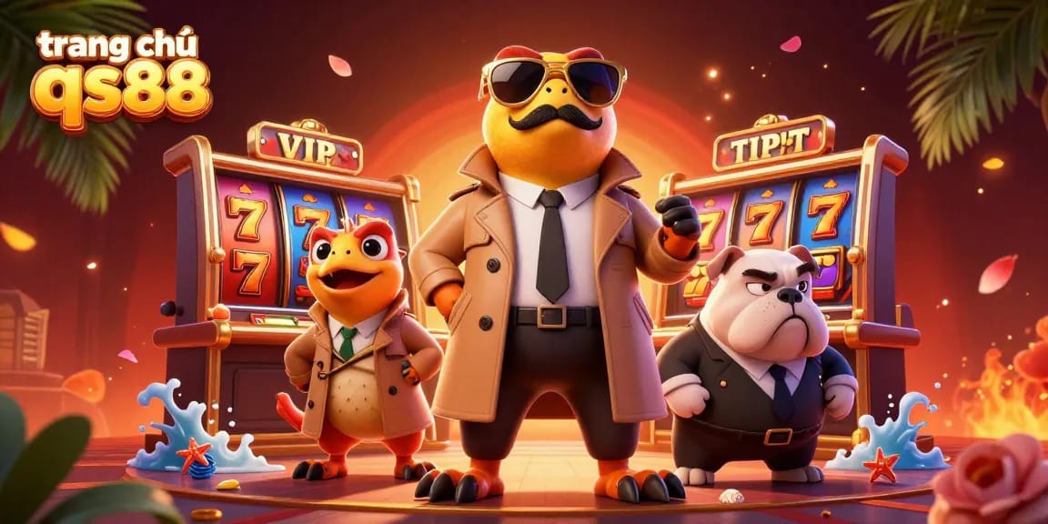 Experience the excitement at trang chủ qs88 featuring playful raptors and vibrant slot games in a VIP casino scene.