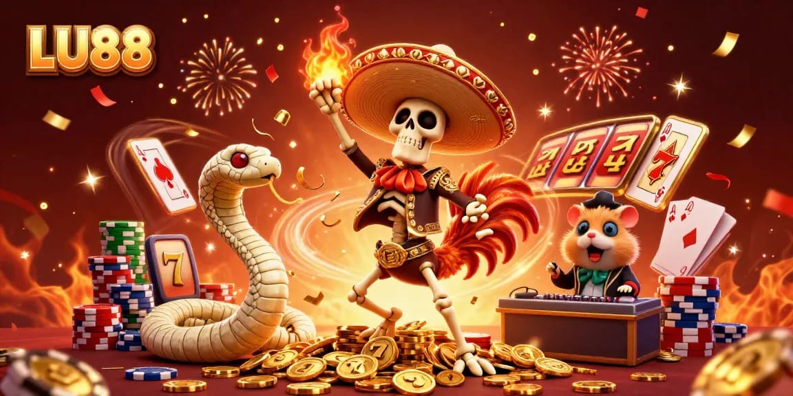 Experience thrilling wins with LU88 featuring a mariachi rooster, mummy snake, and zombie DJ amid casino festivities.