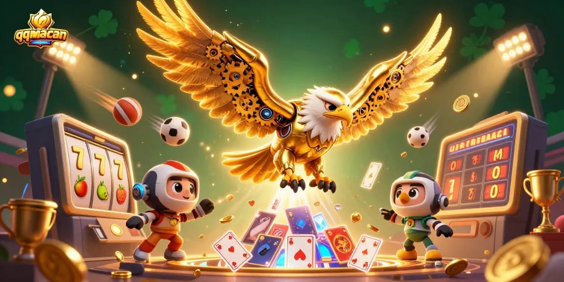 Experience the thrill of qqmacan with a golden eagle diving through slots and game symbols!