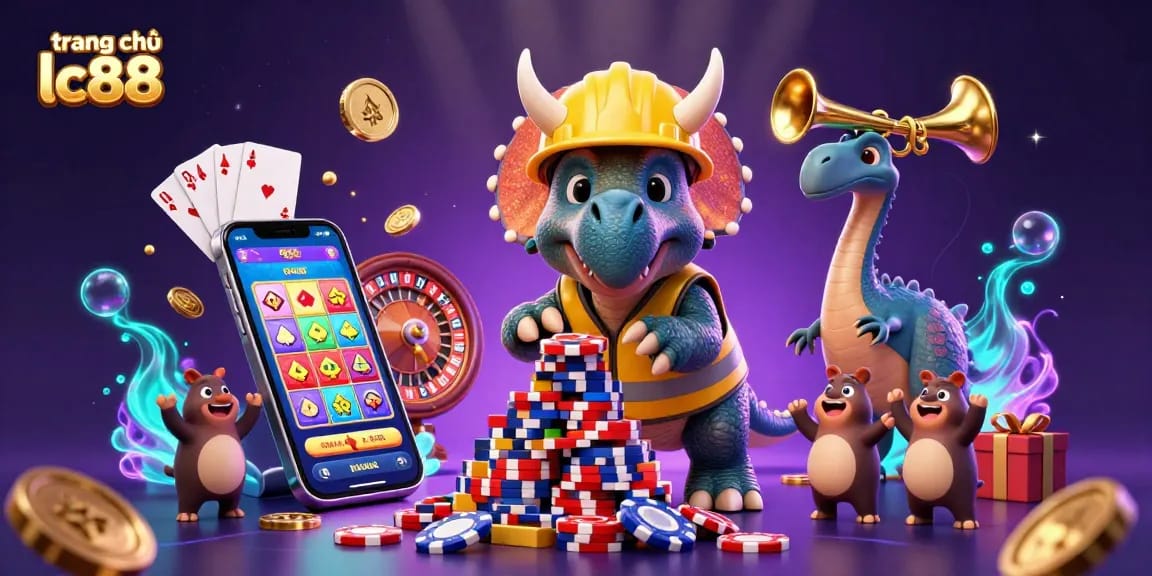 Experience excitement at trang chủ lc88 with a dynamic 3D scene featuring a triceratops and gaming elements.