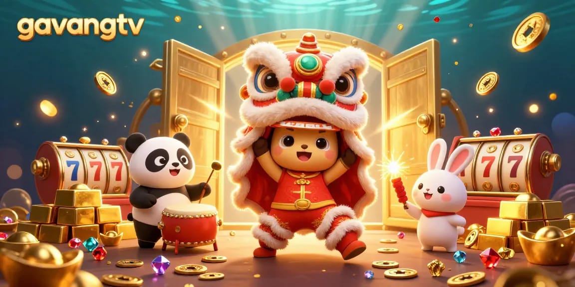Experience thrilling slot action with gavangtv in this vibrant, festive casino illustration.