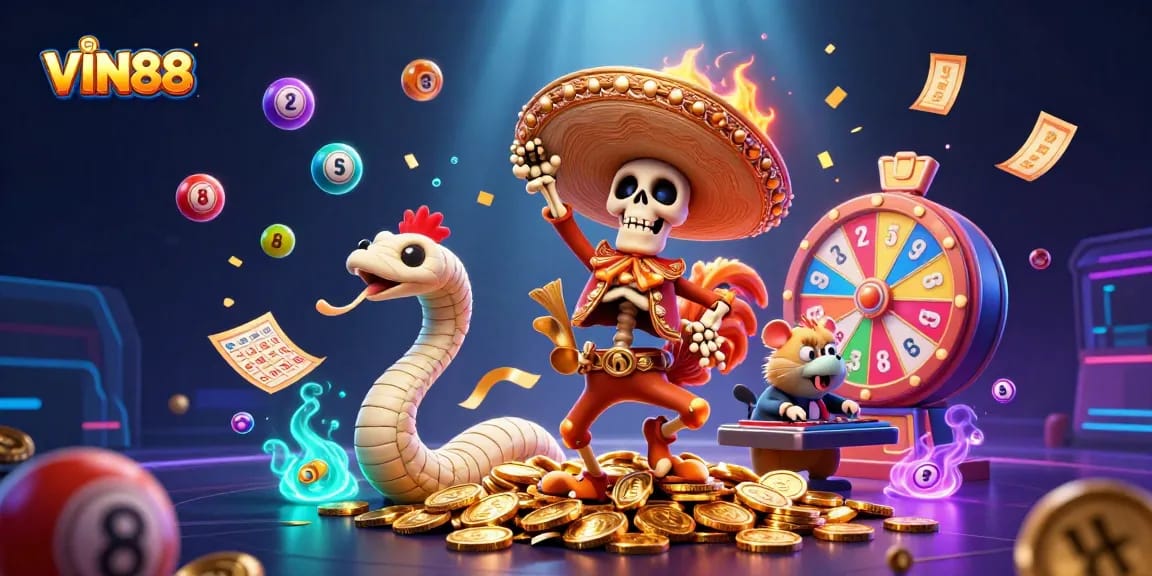 VIN88 engages players with a dynamic 3D scene showcasing a vibrant casino atmosphere filled with gold coins and gaming elements.