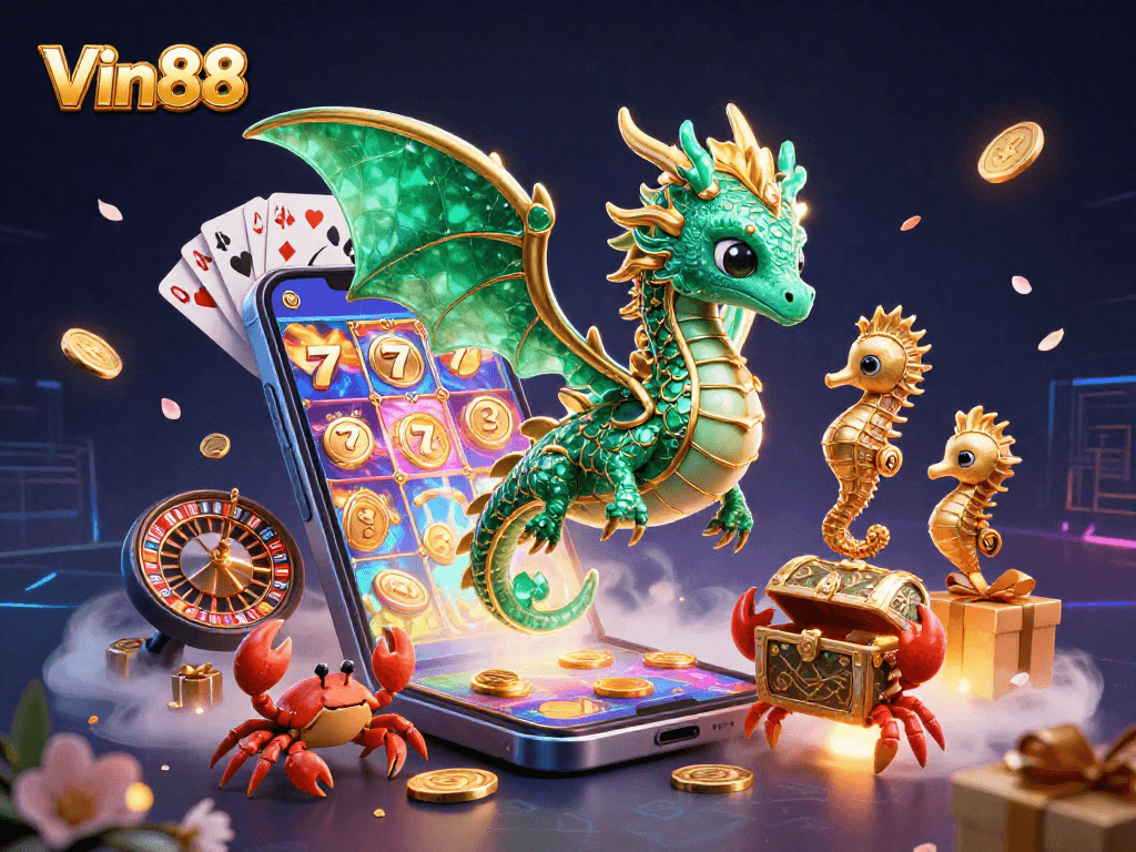 Engage with Vin88 through a vibrant sea dragon scene packed with dynamic casino elements and treasure.