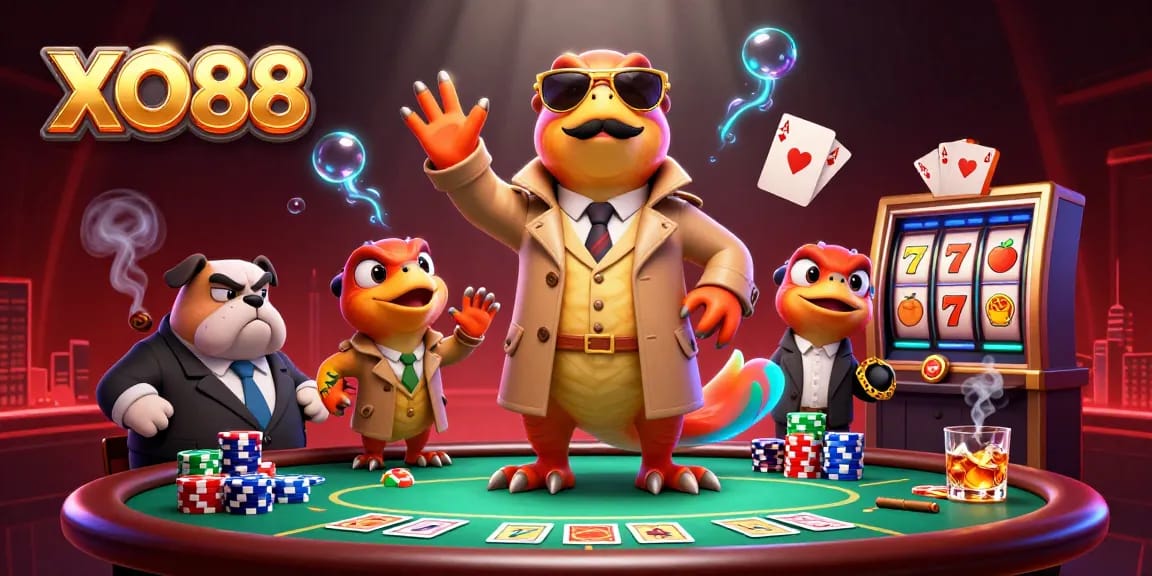 Engaging XO88 casino illustration with cartoon raptors entering a VIP lounge while playing poker.