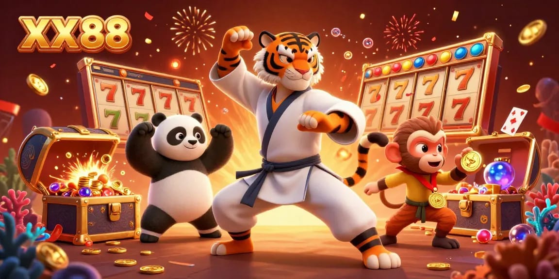 Engage in casino thrill at XX 88 with a vibrant 3D illustration of a kung fu tiger, panda disciple, and monkey winning in a celebratory atmosphere.