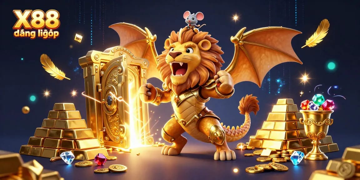 Experience X88 đăng nhập with a mesmerizing 3D casino illustration featuring golden treasures and dynamic game elements.