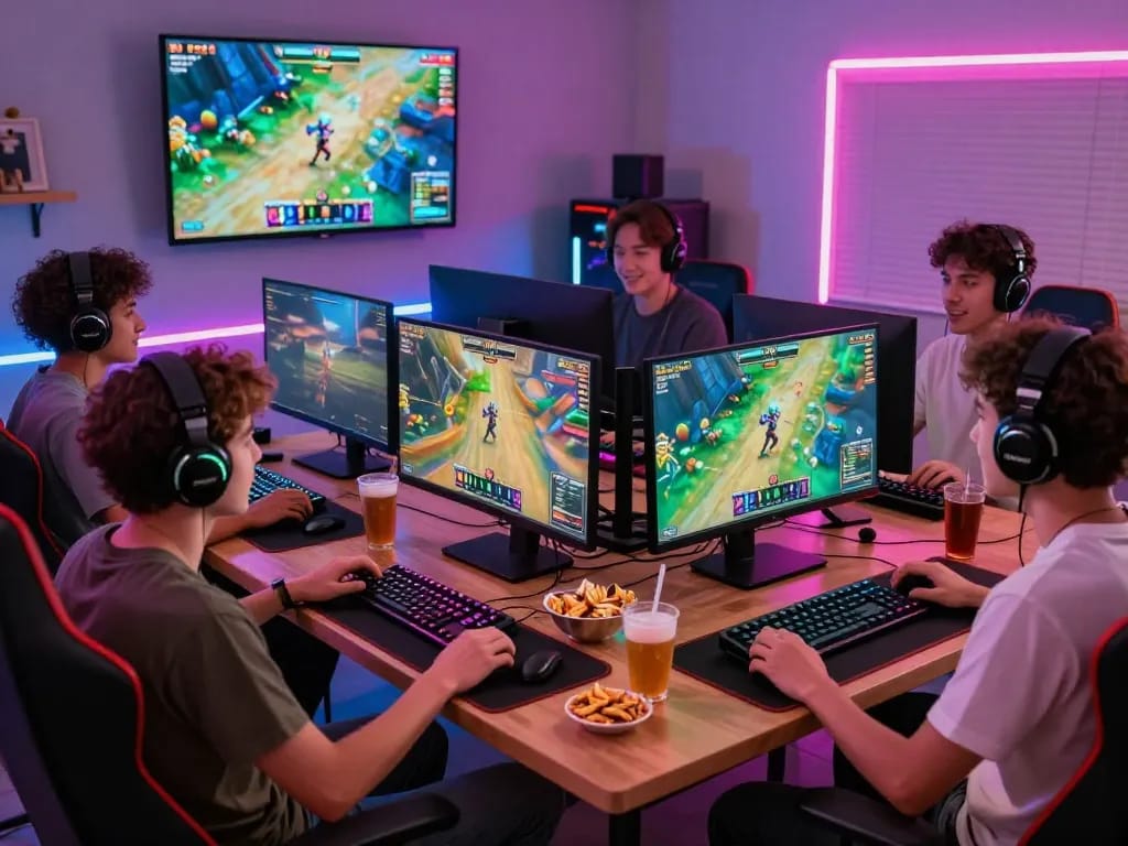 Friends enjoying a Rik VIP gaming night with colorful gaming setup and snacks.