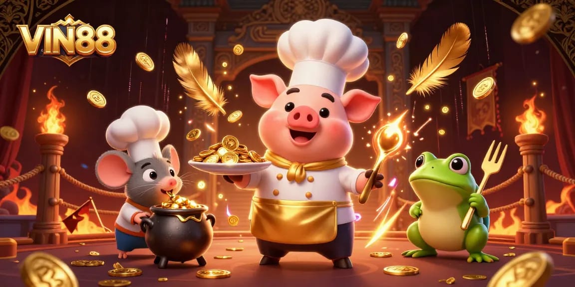 VIN88 delivers gold coins as a gourmet delicacy in a vibrant casino scene.