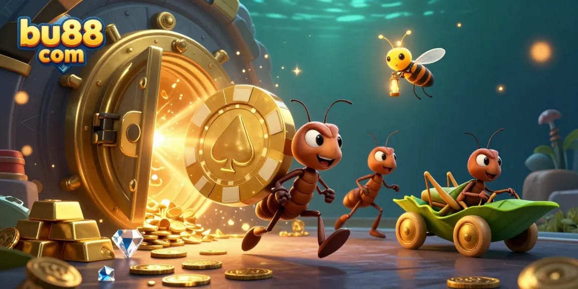 Experience thrilling action with bu88 com as ants heist giant poker chip amidst sparkling treasures.