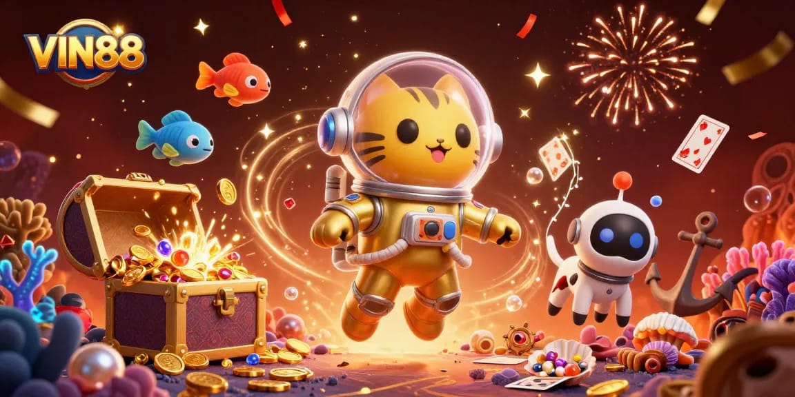 Experience the thrill of gaming with VIN88: 3D astronaut cat and robot dog in a vibrant casino nebula.