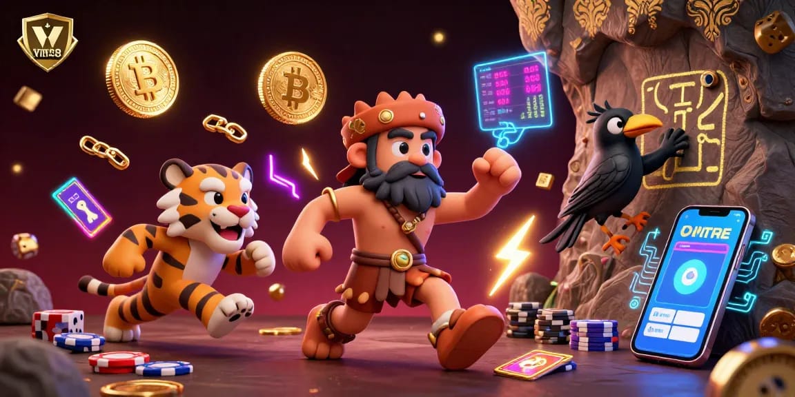 Experience the thrilling action of VIN88 with vibrant 3D elements and casino games illustration.