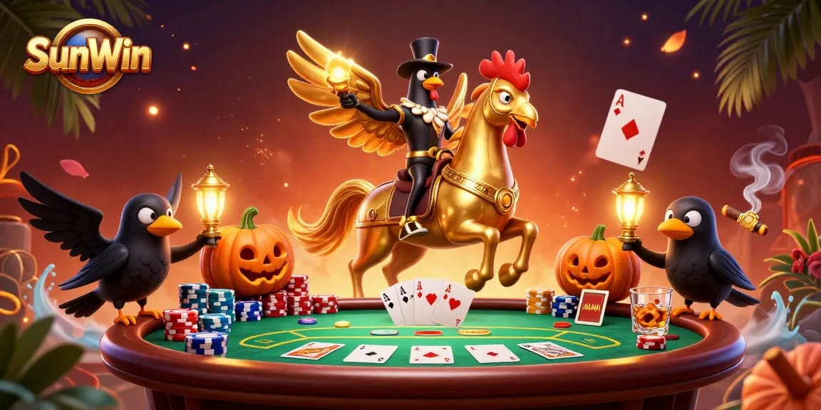 Experience thrilling games at SunWin with golden rooster and glowing head in a vibrant casino.