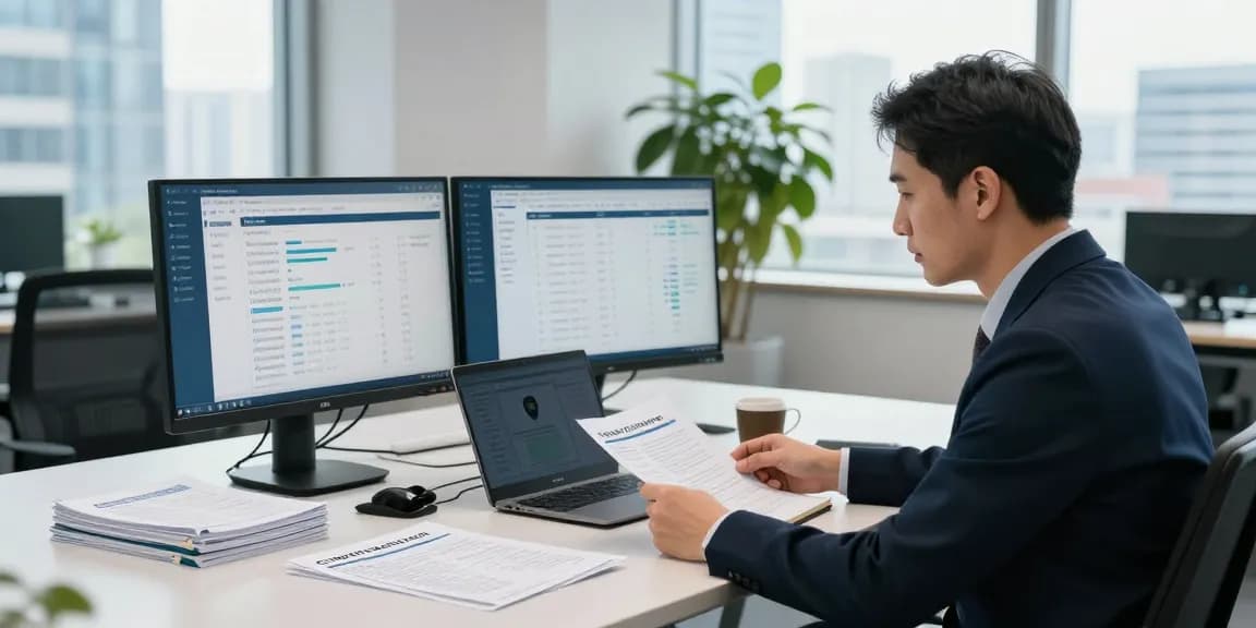 Cyber essentials assessor reviewing compliance documents in a modern office setting, showcasing an engaging cybersecurity evaluation.