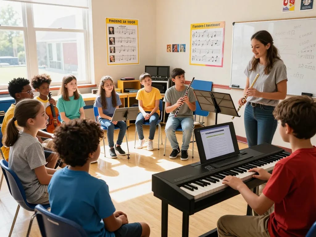 Students engaging in music lessons around a GO 88 digital piano, fostering creativity and learning.