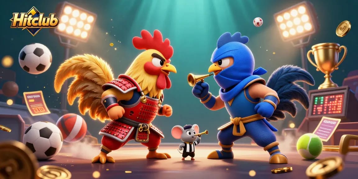 Hitclub showcases thrilling rooster duels amidst dynamic casino elements, perfect for gaming enthusiasts.