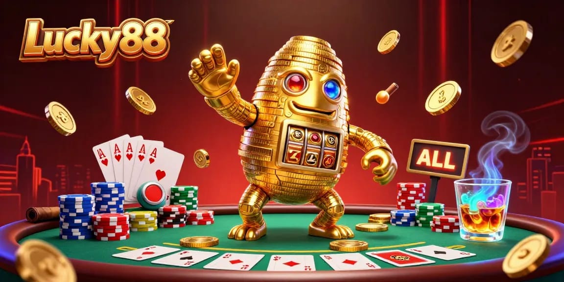 Experience the thrill of Lucky88 with a golden golem and vibrant poker elements in this dynamic casino illustration.