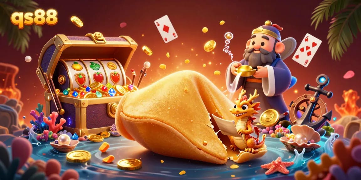 Experience the vibrant qs88 online casino scene with golden treasures, colorful gameplay, and a mystical dragon guardian.