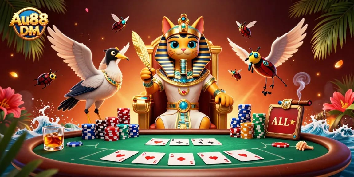 Join the excitement at Au88 DM with this vibrant 3D gambling scene featuring a pharaoh, poker table, and more.
