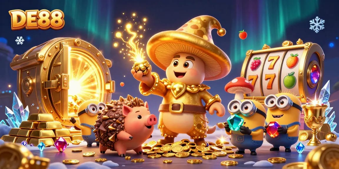 Spin to win with DE88's magical 3D characters and casino treasures bursting with gems.
