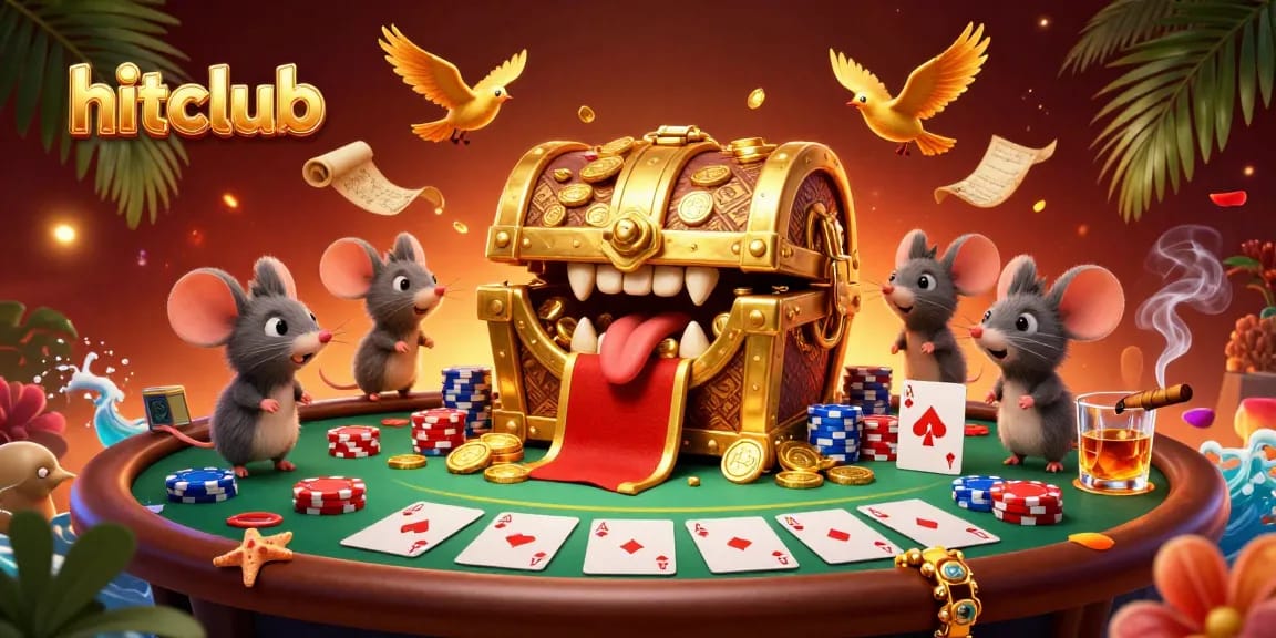 Experience lively gameplay at hitclub with dynamic poker elements and treasure-filled adventure scene.